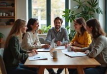 Colocation : quel statut choisir pour optimiser vos droits et devoirs ? Trois jeunes adultes discutent autour d'une table dans un salon lumineux