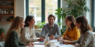 Trois jeunes adultes discutent autour d'une table dans un salon lumineux