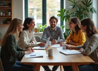 Colocation : quel statut choisir pour optimiser vos droits et devoirs ? Trois jeunes adultes discutent autour d'une table dans un salon lumineux