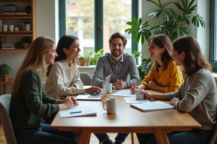 Trois jeunes adultes discutent autour d'une table dans un salon lumineux
