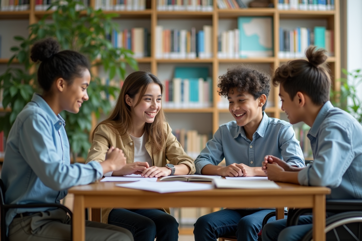 Jeune équipe mixte collaborant dans une bibliothèque lumineuse