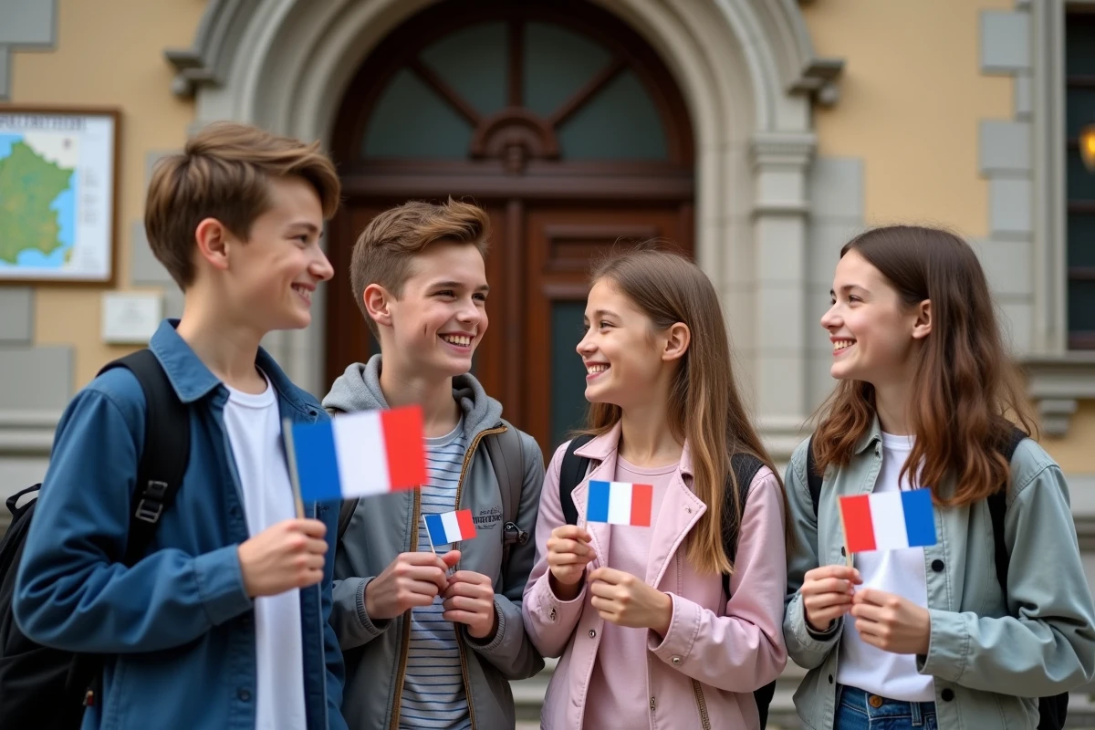 Jeunes souriants avec drapeaux de régions françaises devant la mairie