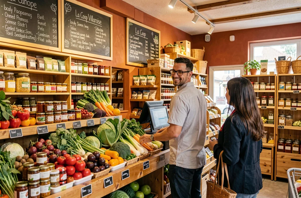 Intérieur convivial de La Coop Villaroise avec produits locaux et bio en rayon