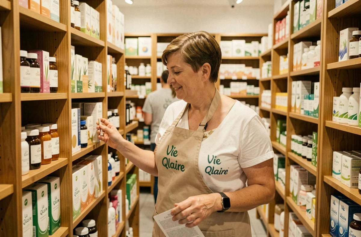 Conseillère de vente aidant un client au rayon compléments alimentaires de La Vie Claire Saint-Germain-en-Laye
