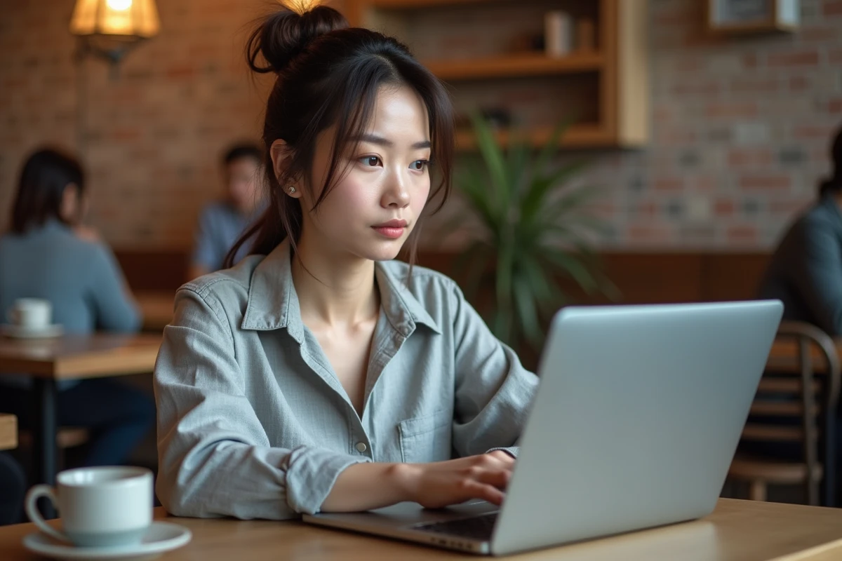 Femme lisant un manga en ligne sur une plateforme légale depuis son ordinateur portable dans un café urbain