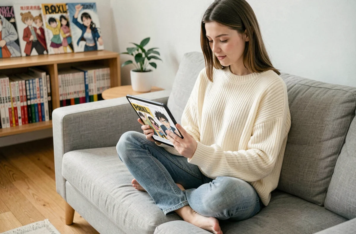 Jeune femme lisant un manhwa en français sur une tablette dans un salon cosy, illustration de la lecture légale de webtoons