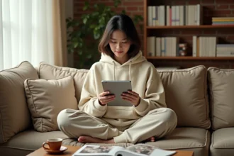 Jeune femme relisant un webtoon sur tablette confortablement installée dans son salon entouré de mangas