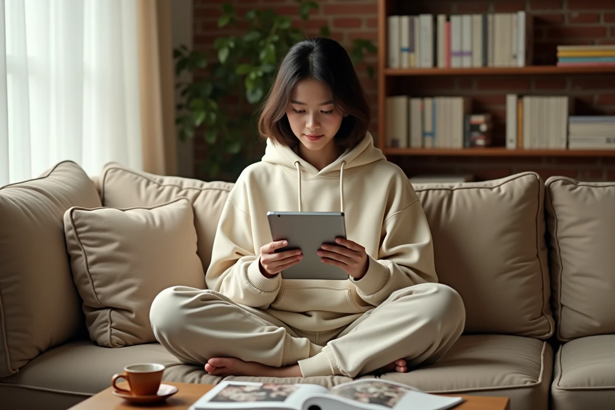 Jeune femme relisant un webtoon sur tablette confortablement installée dans son salon entouré de mangas