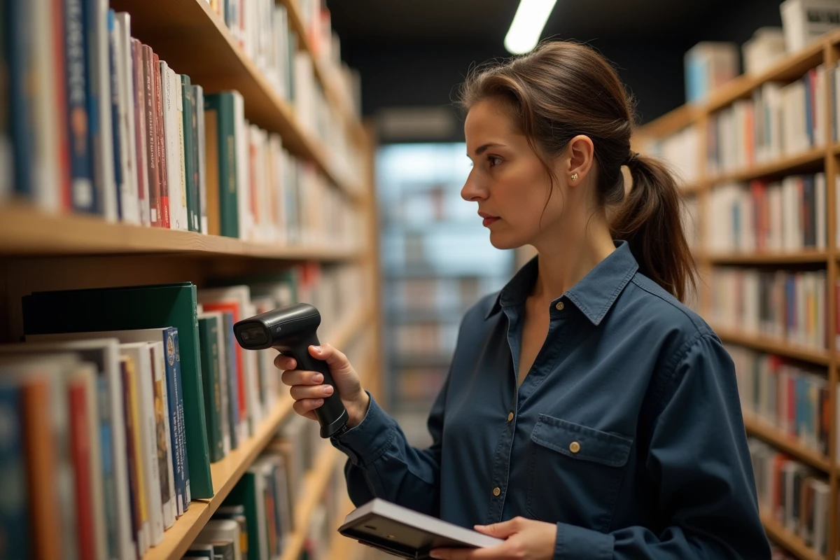 Libraire scannant le code-barres ISBN d'un livre en rayon dans une librairie indépendante