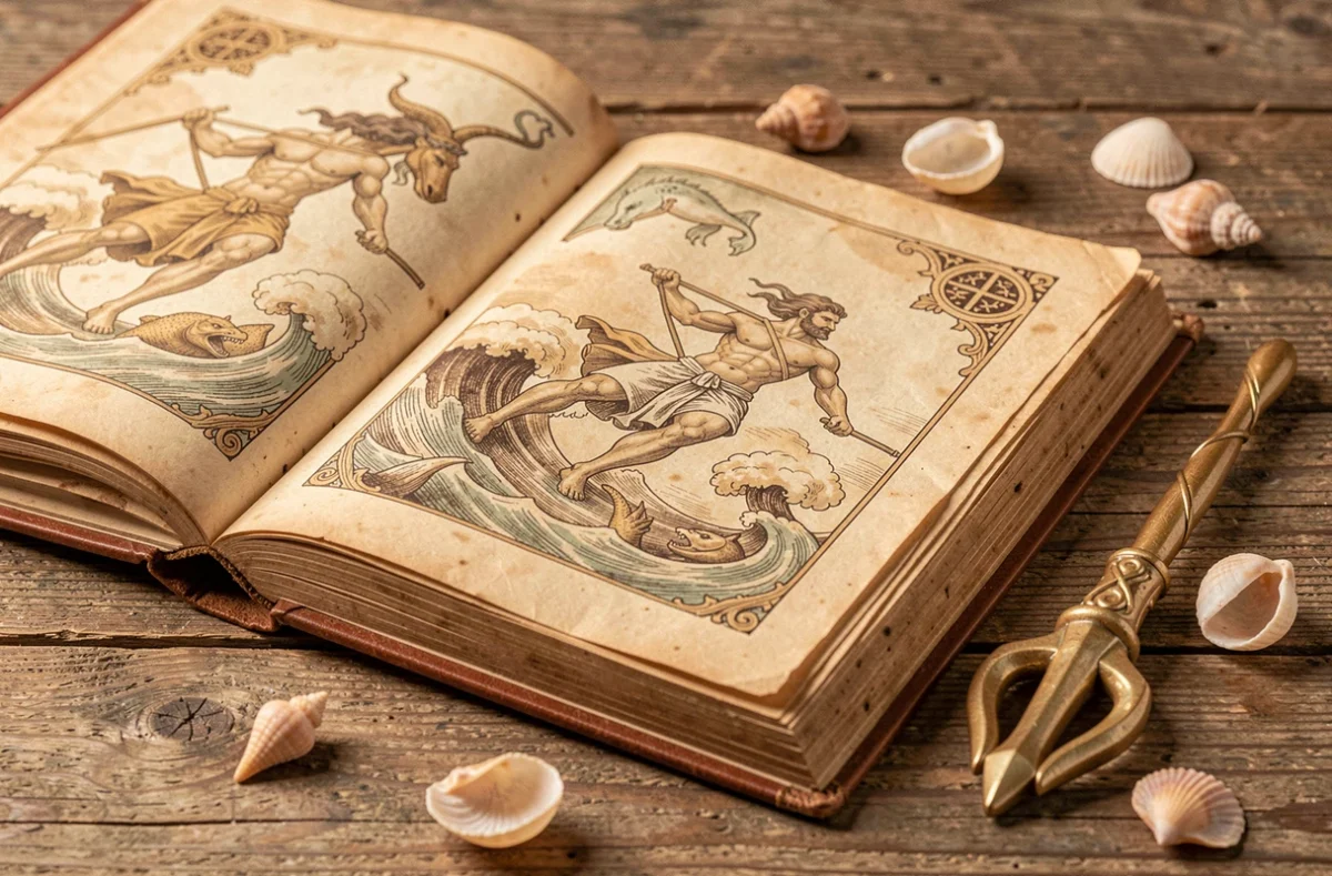 Livre de mythologie grecque ouvert sur Poséidon avec un trident en céramique et des coquillages sur une table en bois