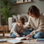 Femme aidant sa fille à faire ses devoirs à la maison