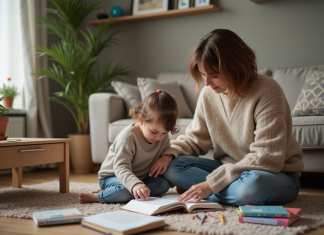 Femme aidant sa fille à faire ses devoirs à la maison