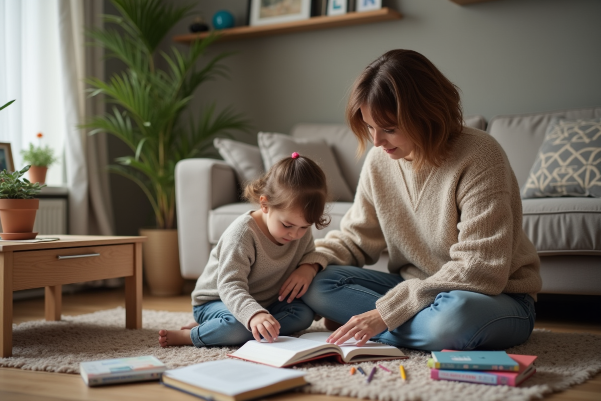Femme aidant sa fille à faire ses devoirs à la maison
