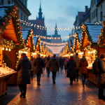 Marché de Noël européen animé au crépuscule avec stands en bois et lumières