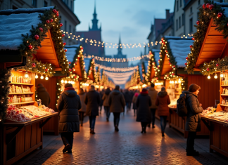 Marché de Noël européen animé au crépuscule avec stands en bois et lumières