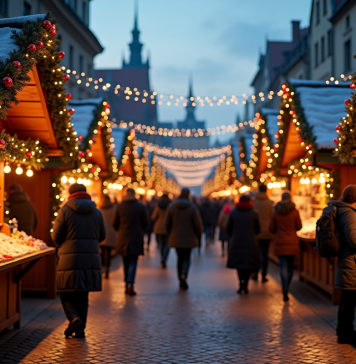 Marché de Noël européen animé au crépuscule avec stands en bois et lumières