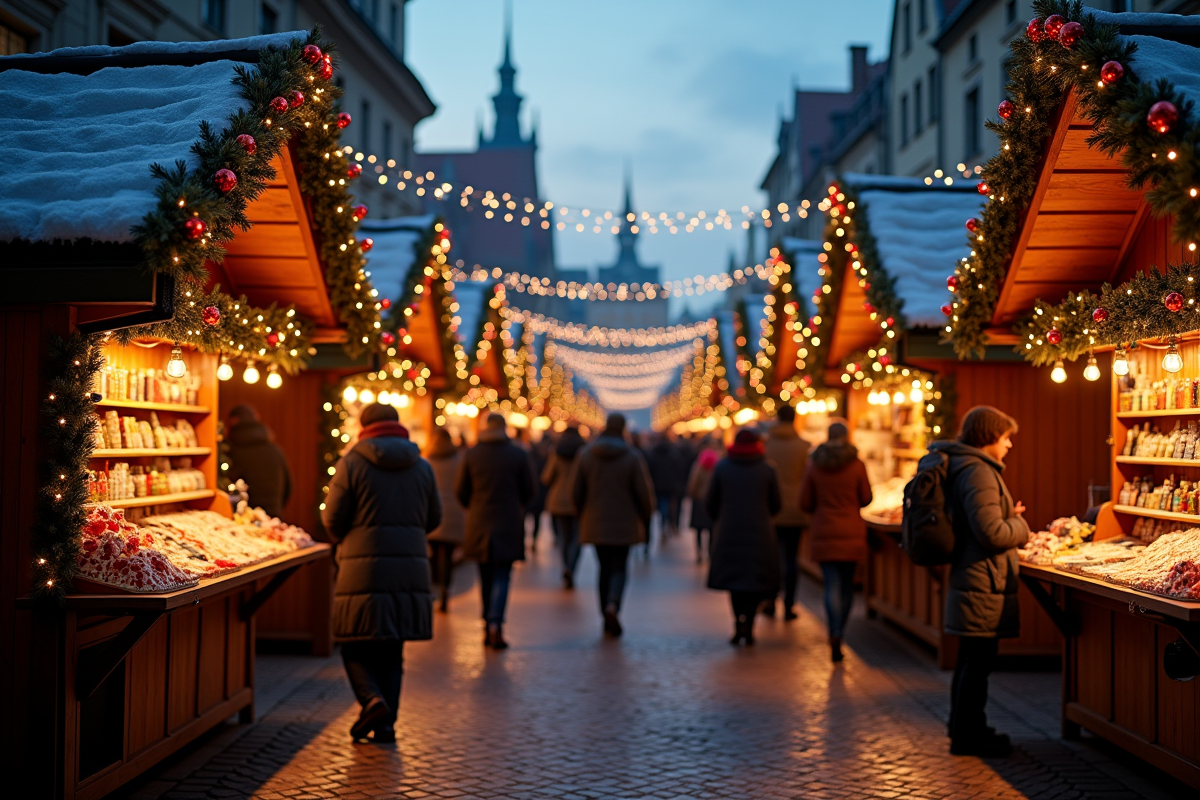 Marché de Noël européen animé au crépuscule avec stands en bois et lumières