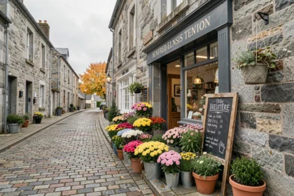 Devanture d'une fleuriste bretonne avec des bouquets colorés dans des seaux sur un trottoir en pavés, architecture en granit typique du Finistère
