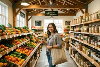 Intérieur d'un magasin bio des Yvelines avec rayons de produits frais et en vrac, client faisant ses courses
