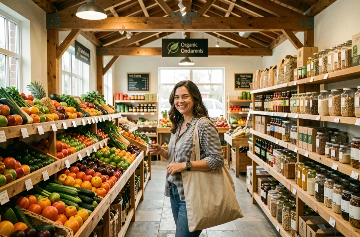Intérieur d'un magasin bio des Yvelines avec rayons de produits frais et en vrac, client faisant ses courses
