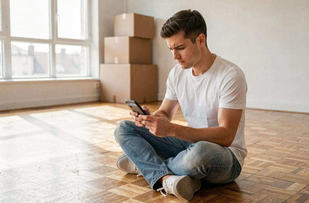 Jeune homme mettant à jour son adresse sur l'application mobile France Travail dans un appartement vide après déménagement
