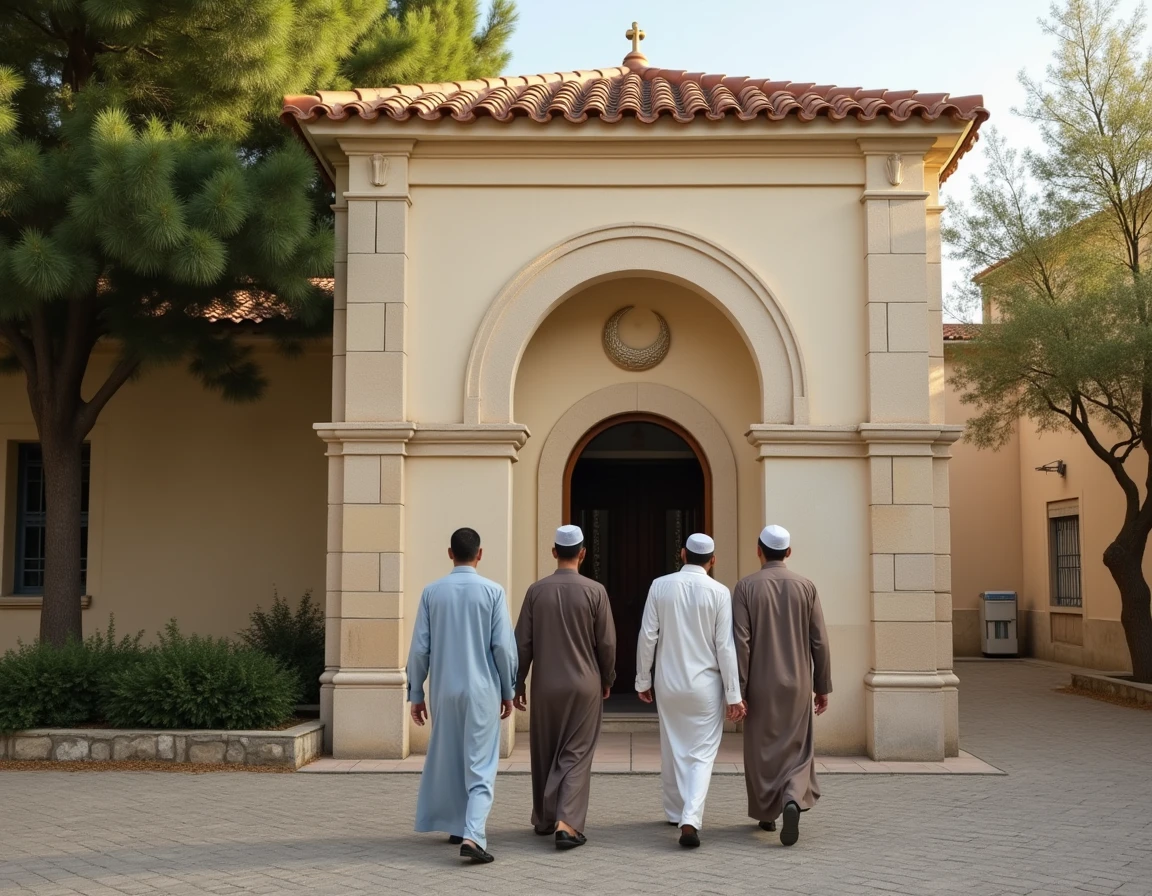 Groupe d'hommes musulmans se dirigeant vers une mosquée de quartier à Montpellier pour l'heure de prière