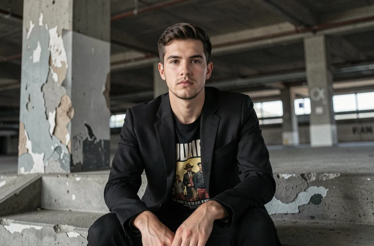 Musicien de rap assis sur des marches en béton dans un parking souterrain, style sombre et attitude artistique contemplative