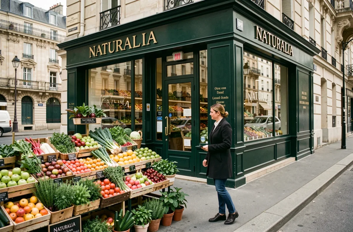 Devanture du magasin Naturalia Versailles avec étal de fruits et légumes bio en terrasse