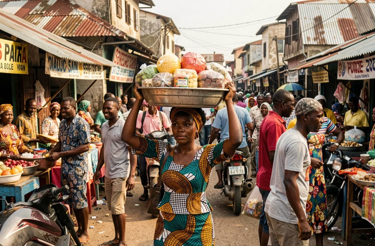 Marché de Lagos au Nigéria avec une femme en tissu Ankara reflétant la complexité démographique du géant africain