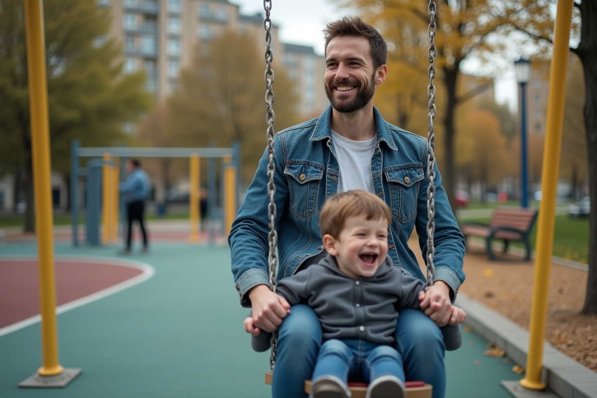 Père poussant son fils sur une balançoire dans un parc urbain