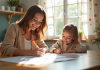 Parent seul souriant remplissant des documents à une table lumineuse