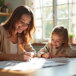 Parent seul souriant remplissant des documents à une table lumineuse