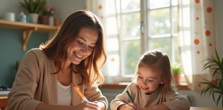 Parent seul souriant remplissant des documents à une table lumineuse