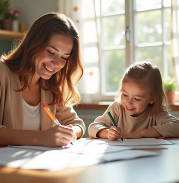 Parent seul souriant remplissant des documents à une table lumineuse