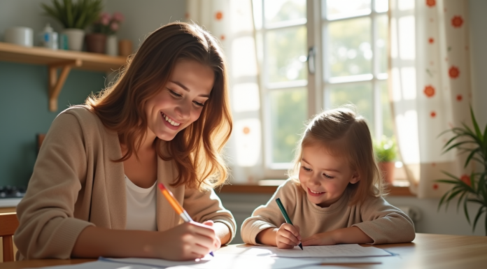 Parent seul souriant remplissant des documents à une table lumineuse