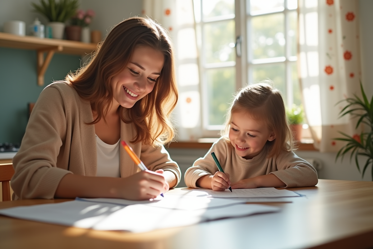 Parent seul souriant remplissant des documents à une table lumineuse