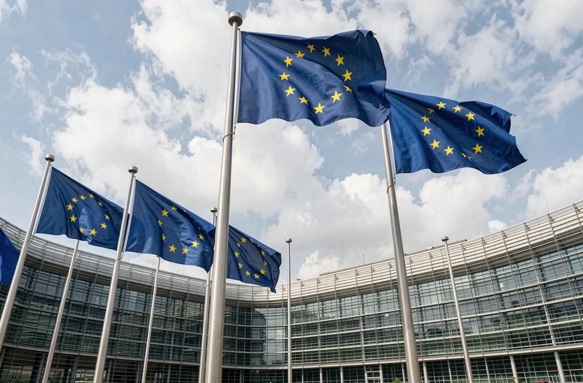 Vue grand angle du Parlement européen à Bruxelles avec les drapeaux de l'Union européenne aux douze étoiles dorées sur fond de ciel nuageux