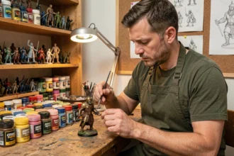 Peintre de figurines Warhammer comparant des pots de peinture Citadel, Army Painter et Vallejo sur un établi de hobbyiste