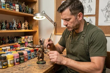 Peintre de figurines Warhammer comparant des pots de peinture Citadel, Army Painter et Vallejo sur un établi de hobbyiste