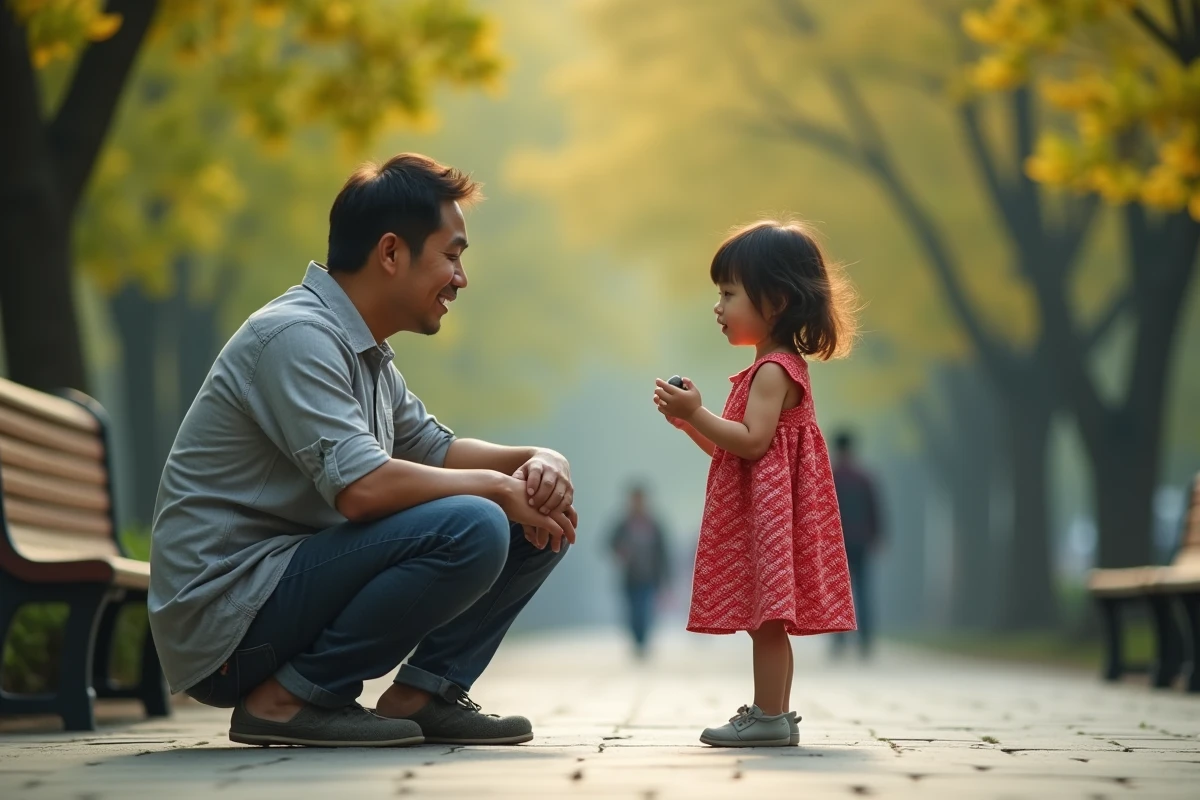 Père chinois transmettant une leçon de sagesse à sa fille dans un parc aux feuilles de ginkgo dorées