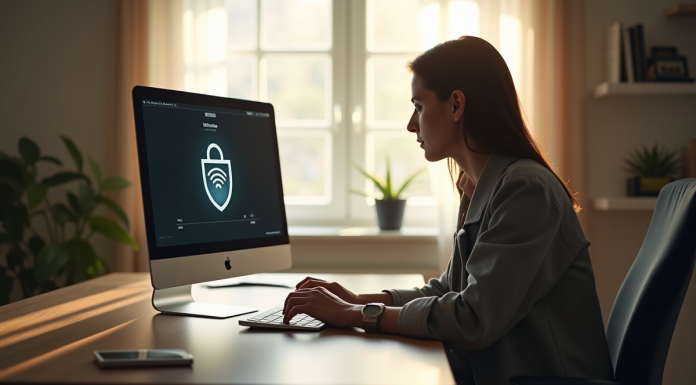 Personne travaillant au bureau avec VPN sur son ordinateur