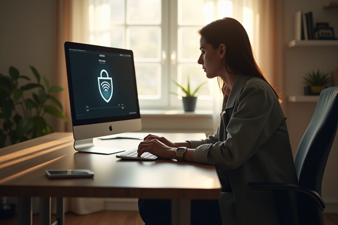 person-travaillant-vpn-bureau Personne travaillant au bureau avec VPN sur son ordinateur