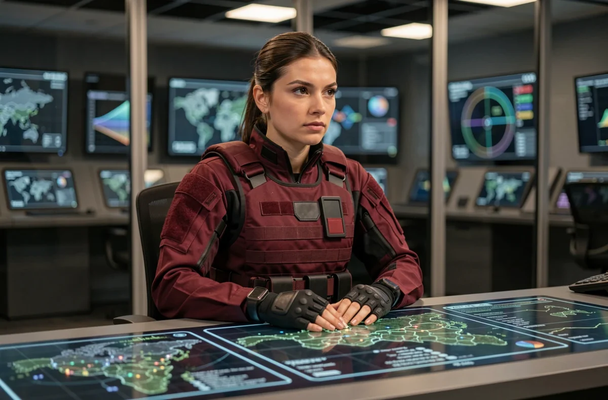 Femme Marvel stratège en tenue tactique rouge et noire dans une salle de commandement futuriste, illustrant les personnages féminins Marvel les plus stratégiques