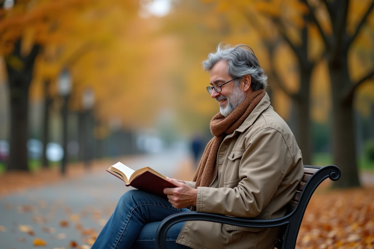 Personne seule et épanouie lisant sur un banc de parc en automne, symbolisant l'autonomie et la sérénité dans une relation ouverte et consensuelle