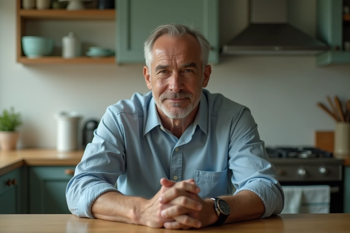 Homme au comportement manipulateur assis à une table de cuisine avec une expression contrôlée et froide, illustrant les mécanismes psychologiques d'un pervers narcissique