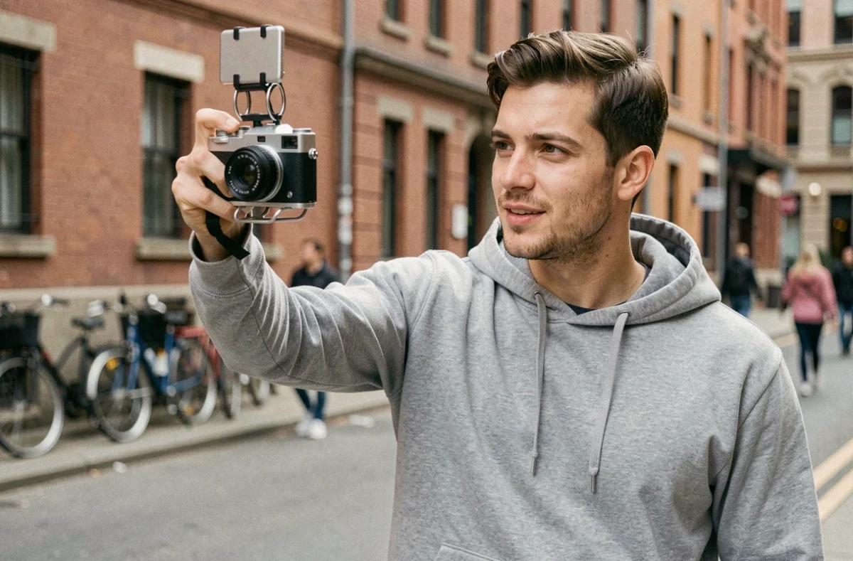 Photographe utilisant un Fujifilm X-T20 avec cage vidéo en extérieur dans un cadre urbain