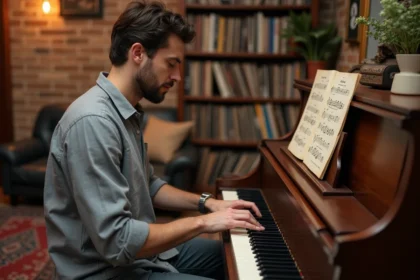 Pianiste jouant les accords de Je te promets sur un piano droit dans un salon chaleureux