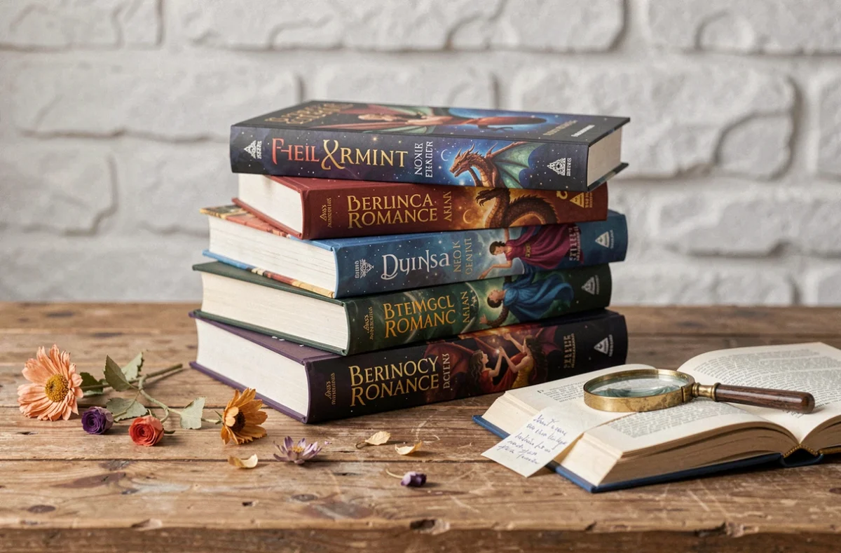 Pile de livres romantasy aux couvertures illustrées disposés sur une table en bois rustique