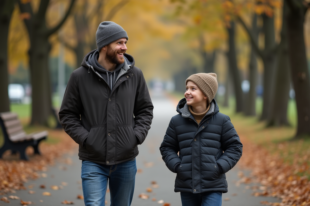 Père et fils se promènent dans un parc automnal
