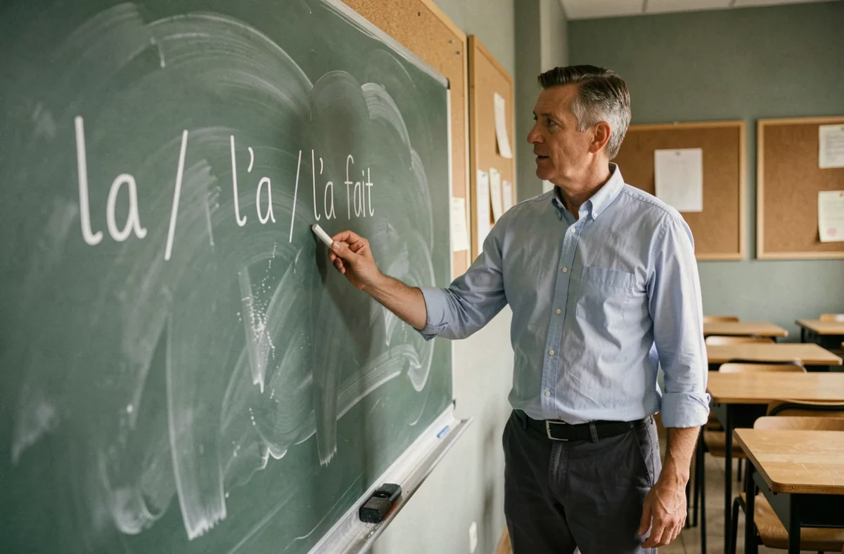 Enseignant de français expliquant devant un tableau noir la différence entre la, l'a et l'a fait